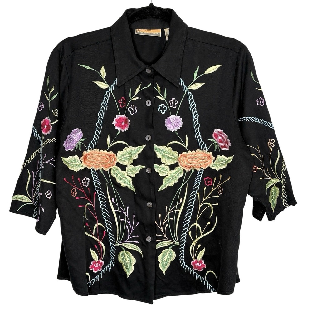 VTG Y2k Bobby Chan Silk Blnd Floral Embroidered Shirt Top Large Boho Art To Wear